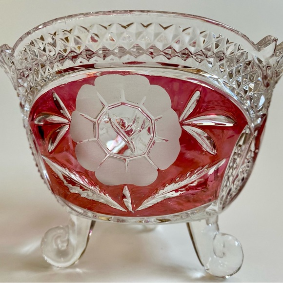 Vintage Floral Ruby Red Crystal 3 Footed  Hand Cut Candy Dish - Picture 5 of 6